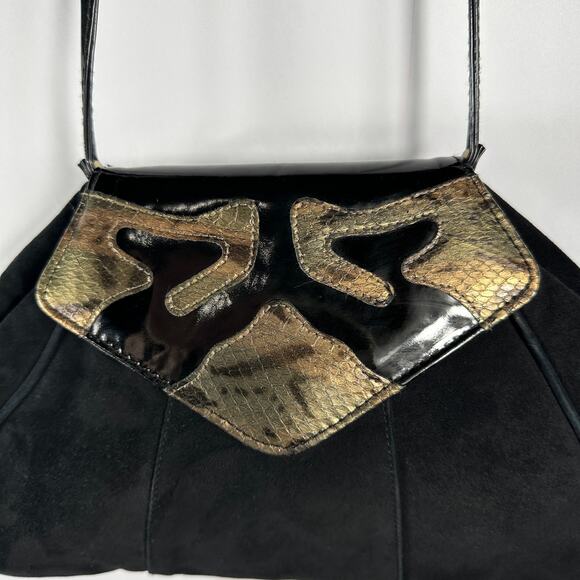 Vintage 1980s Jasmin Hong Kong Suede Snakeskin Leather Shoulder Bag Black Gold - Picture 3 of 16
